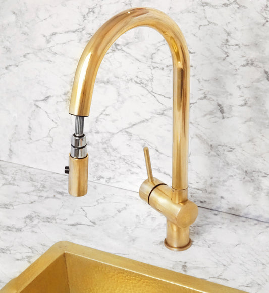 Unlacquered Solid Brass Pull Down Kitchen Faucet