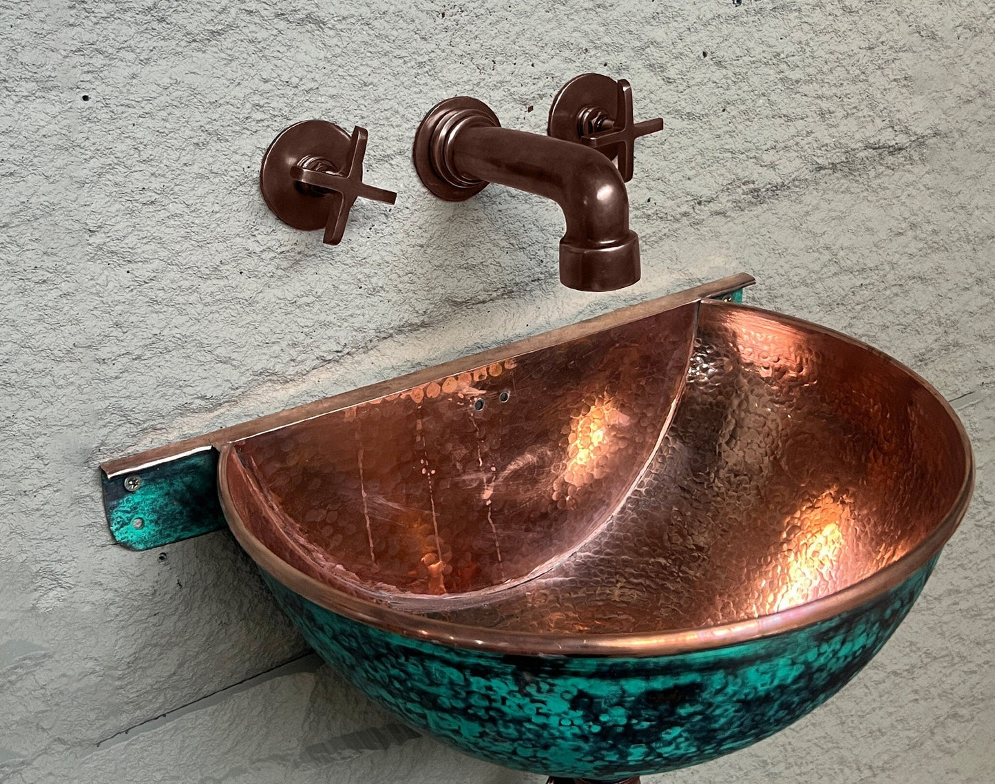 Oxidized Copper Wall Mounted Bathroom Sink, Green Patina Copper Hung Basin with Faucet
