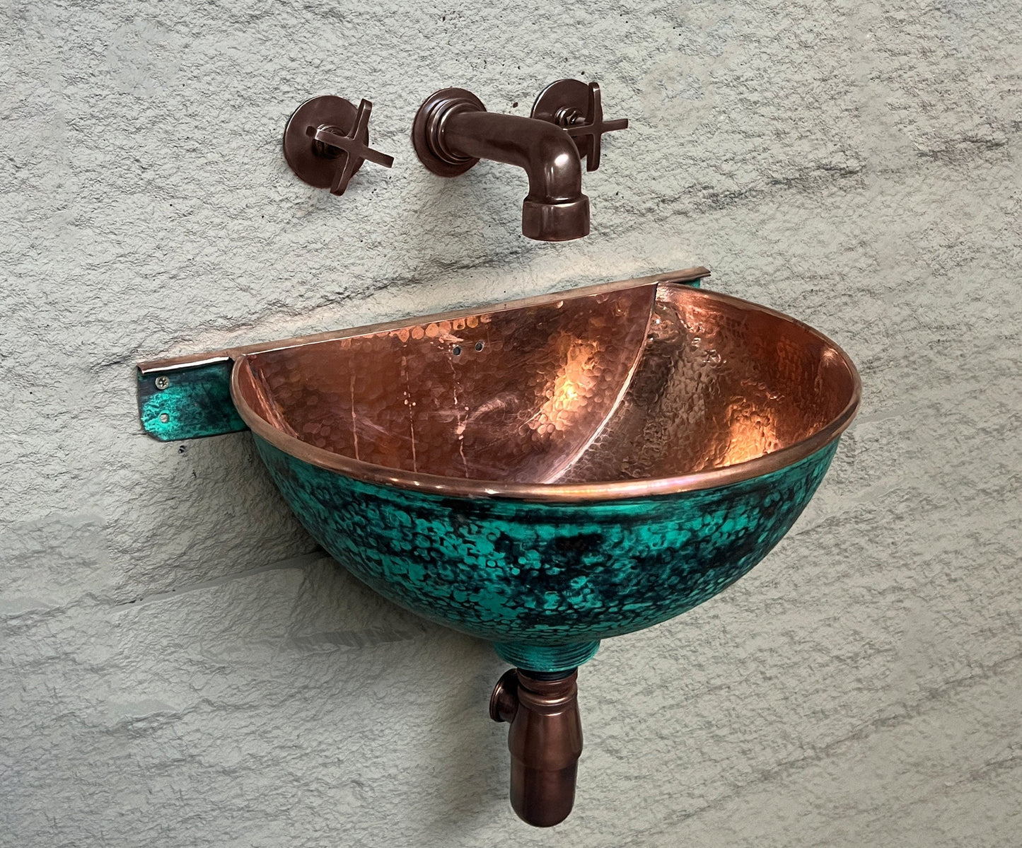 Oxidized Copper Wall Mounted Bathroom Sink, Green Patina Copper Hung Basin with Faucet