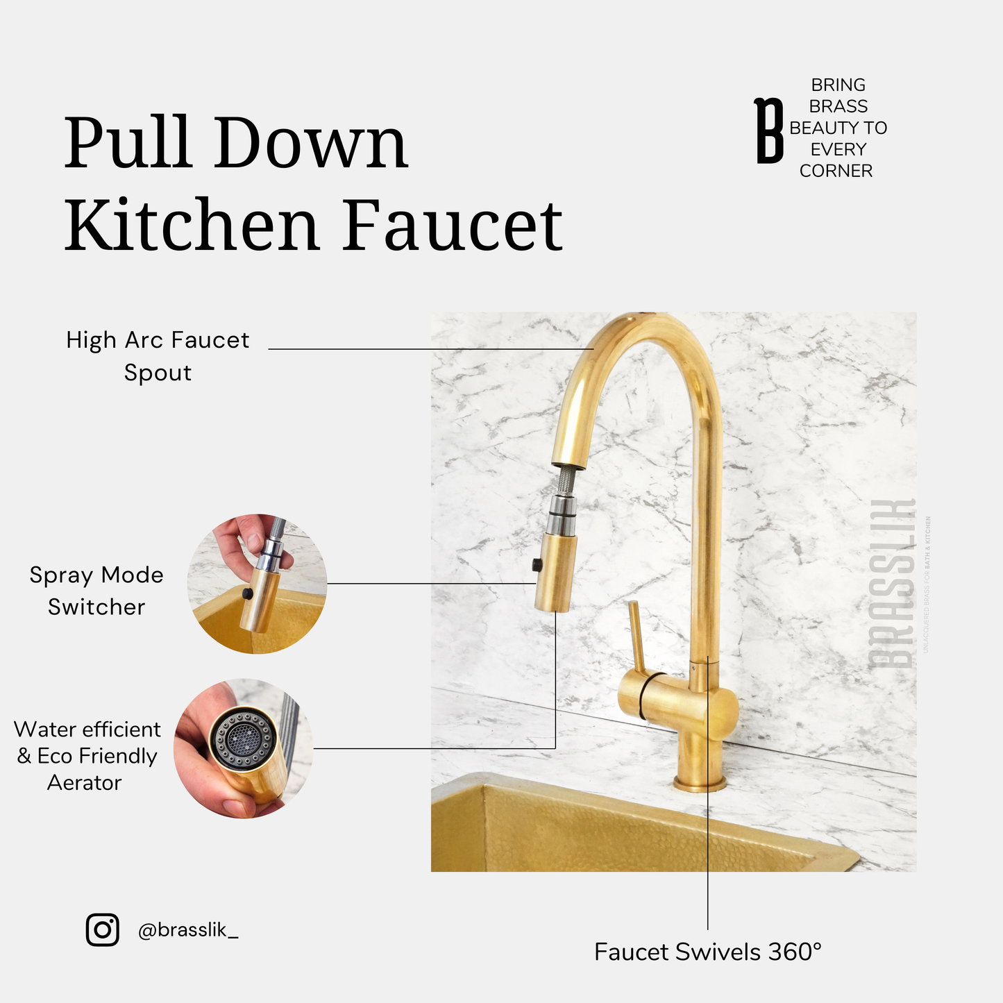 Unlacquered Solid Brass Pull Down Kitchen Faucet