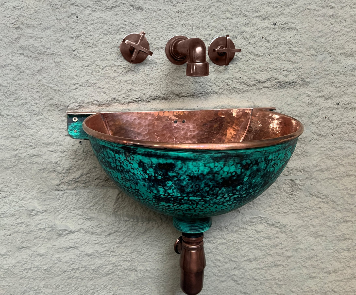 Oxidized Copper Wall Mounted Bathroom Sink, Green Patina Copper Hung Basin with Faucet