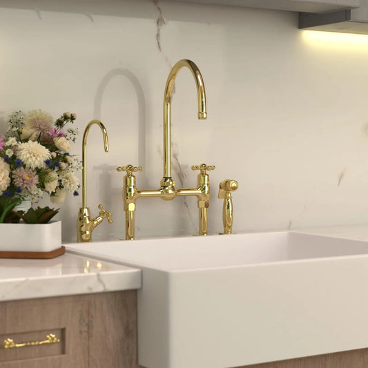 Unlacquered Brass Kitchen Faucet, Center ball Bridge Sink with Sprayer & cold water tap