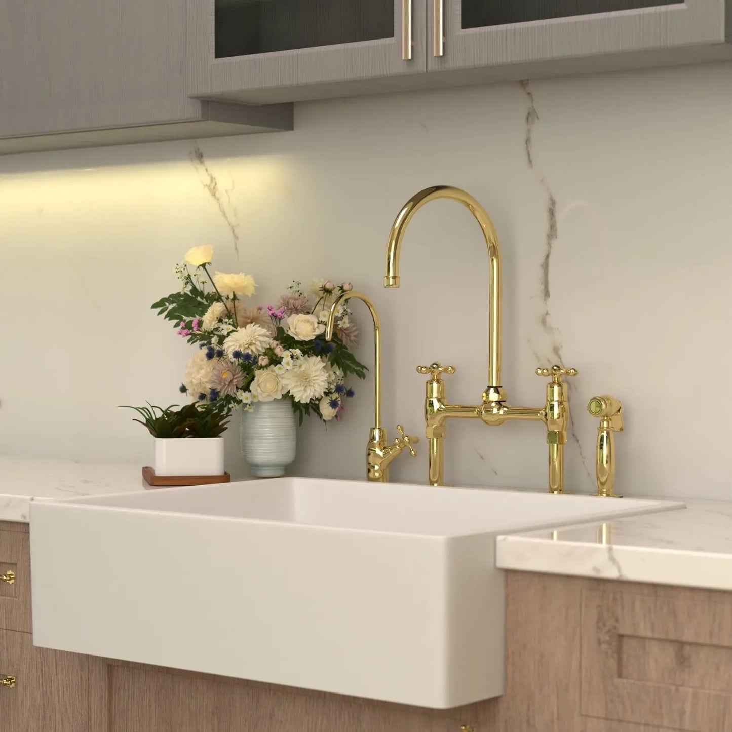 Unlacquered Brass Kitchen Faucet, Center ball Bridge Sink with Sprayer & cold water tap