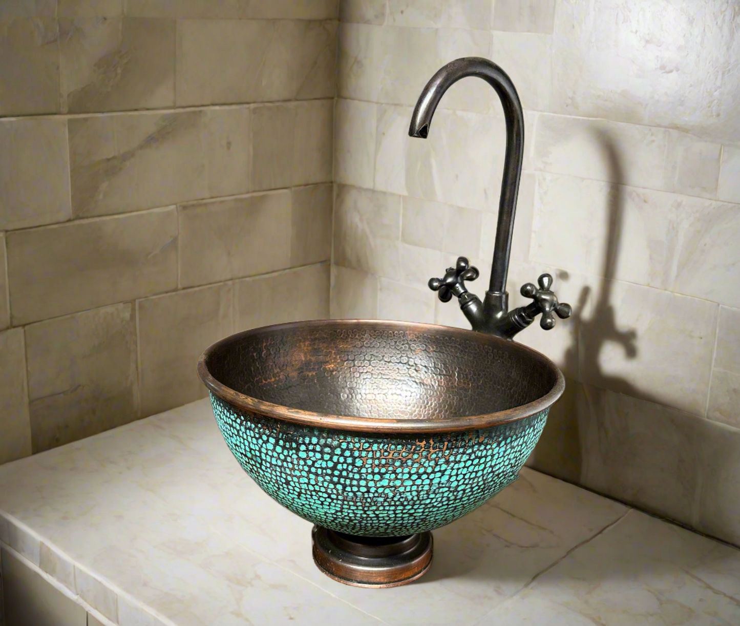 Ember Aged Copper Bathroom Sink with Green Patina Countertop Basin