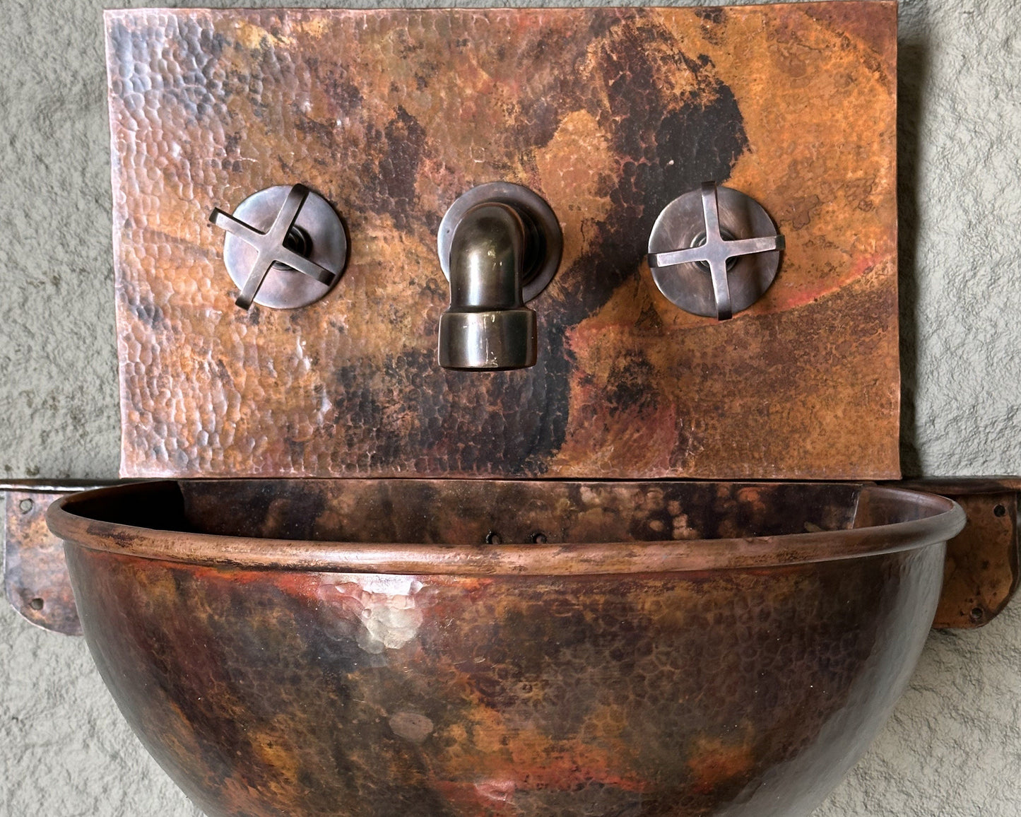 Copper Wall-Mount Bathroom Sink, Rustic Copper Bathroom Basin with Mixer Faucet