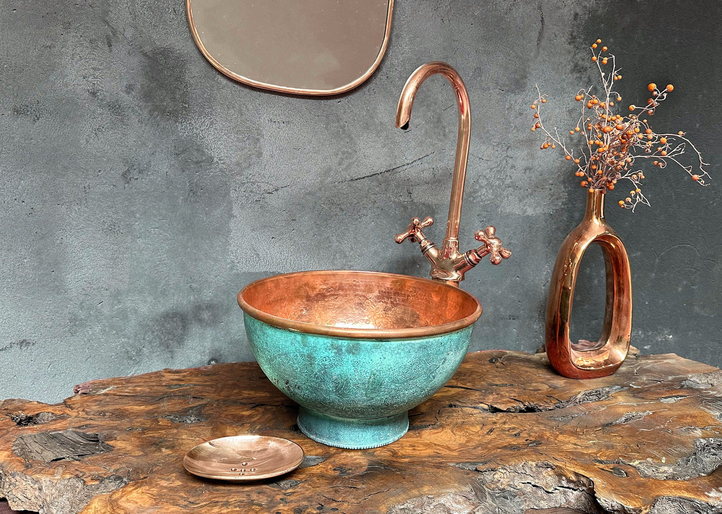 Engraved Oxidized Copper Bathroom Sink with Copper faucet, Green Patina Vessel Sink bathroom