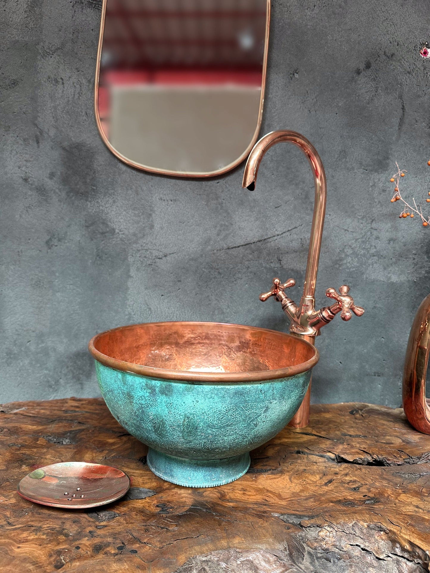 Engraved Oxidized Copper Bathroom Sink with Copper faucet, Green Patina Vessel Sink bathroom