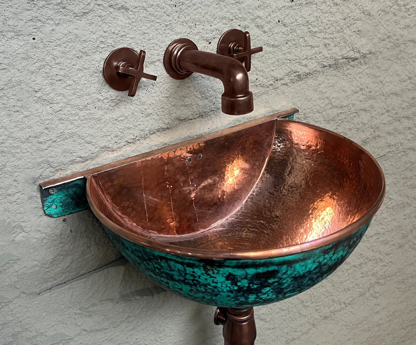 Oxidized Copper Wall Mounted Bathroom Sink, Green Patina Copper Hung Basin with Faucet