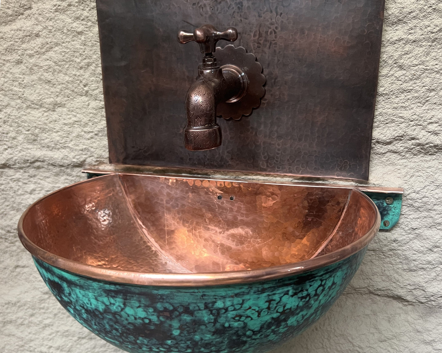Green Patina Copper Wall Mounted Bathroom Sink, Aged Copper Hung Basin with Faucet
