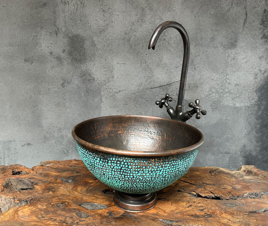 Ember Aged Copper Bathroom Sink with Green Patina Countertop Basin