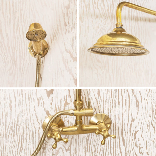 Unlacquered Brass Shower Set | Hand Held Combo with Rainfall Head