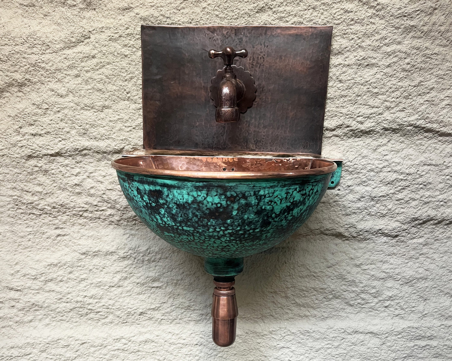 Green Patina Copper Wall Mounted Bathroom Sink, Aged Copper Hung Basin with Faucet