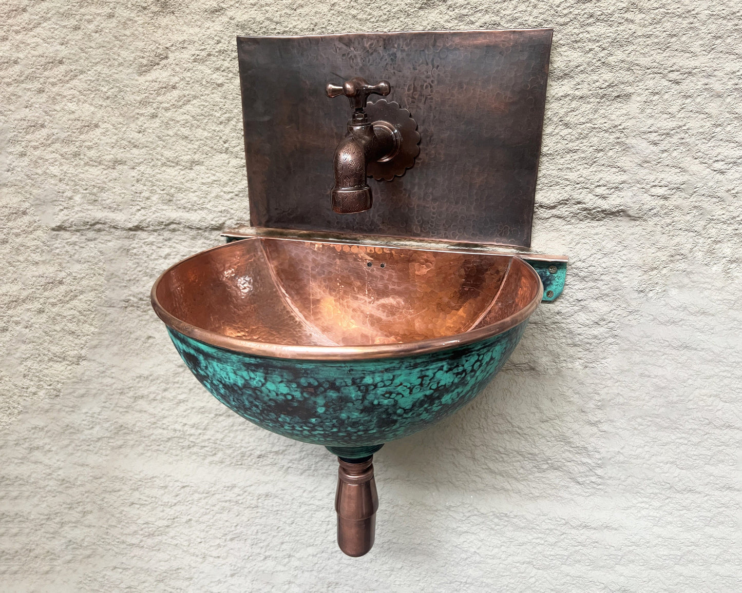 Green Patina Copper Wall Mounted Bathroom Sink, Aged Copper Hung Basin with Faucet