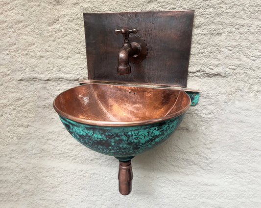 Green Patina Copper Wall Mounted Bathroom Sink, Aged Copper Hung Basin with Faucet