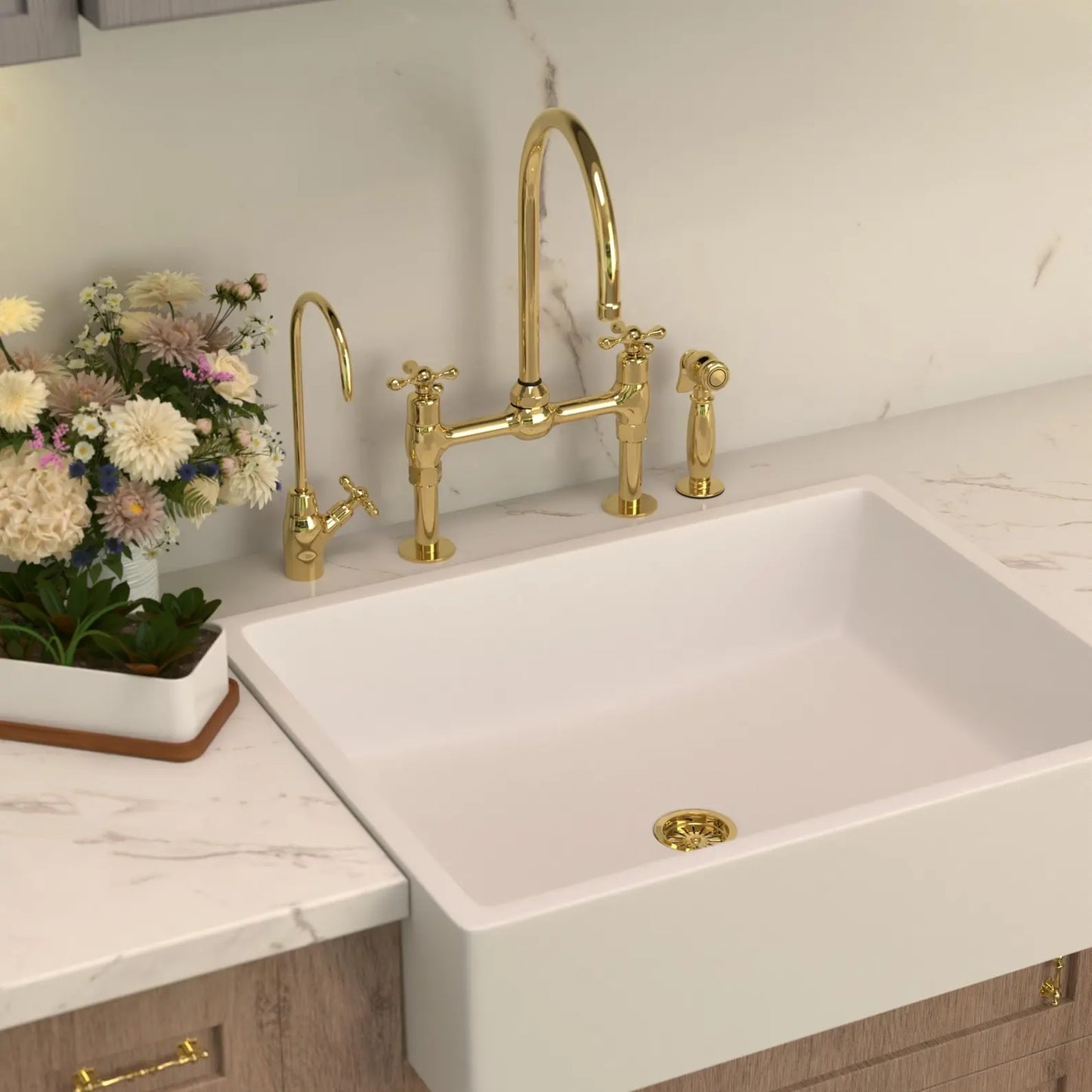 Unlacquered Brass Kitchen Faucet, Center ball Bridge Sink with Sprayer & cold water tap