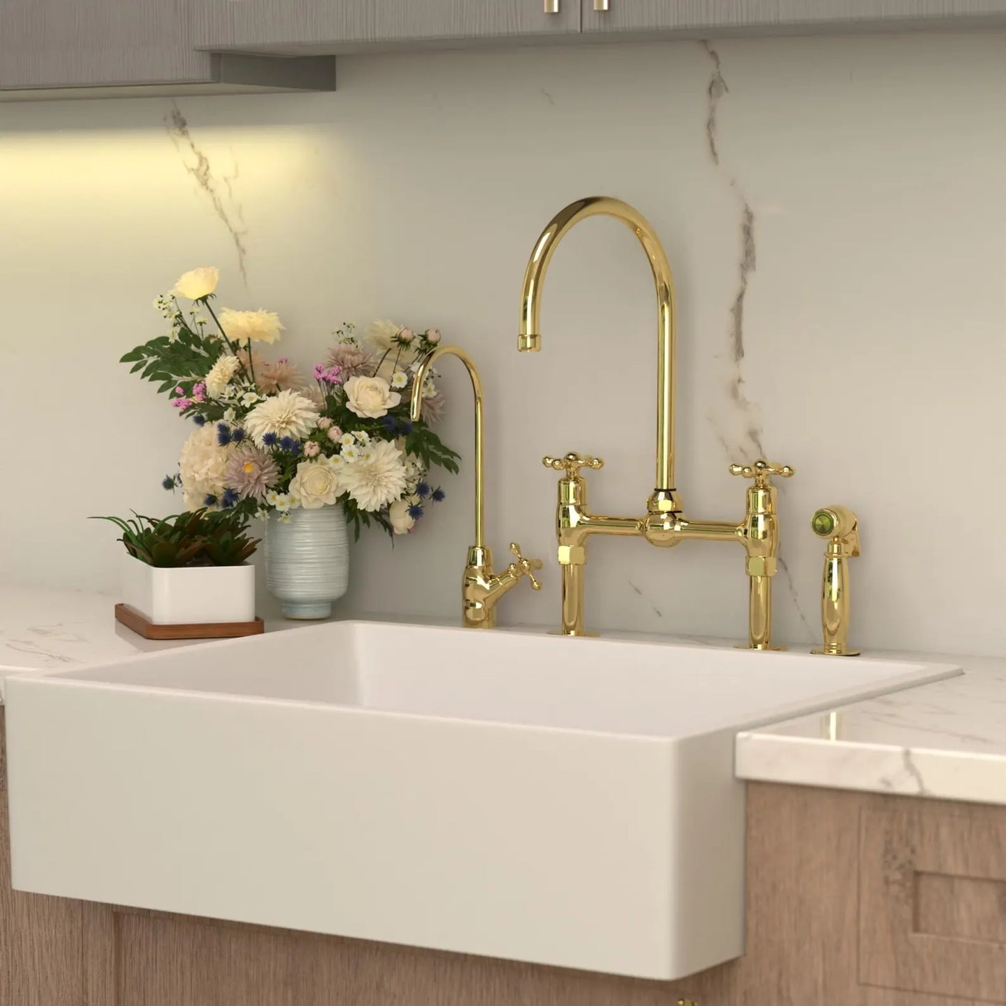 Unlacquered Brass Kitchen Faucet, Center ball Bridge Sink with Sprayer & cold water tap