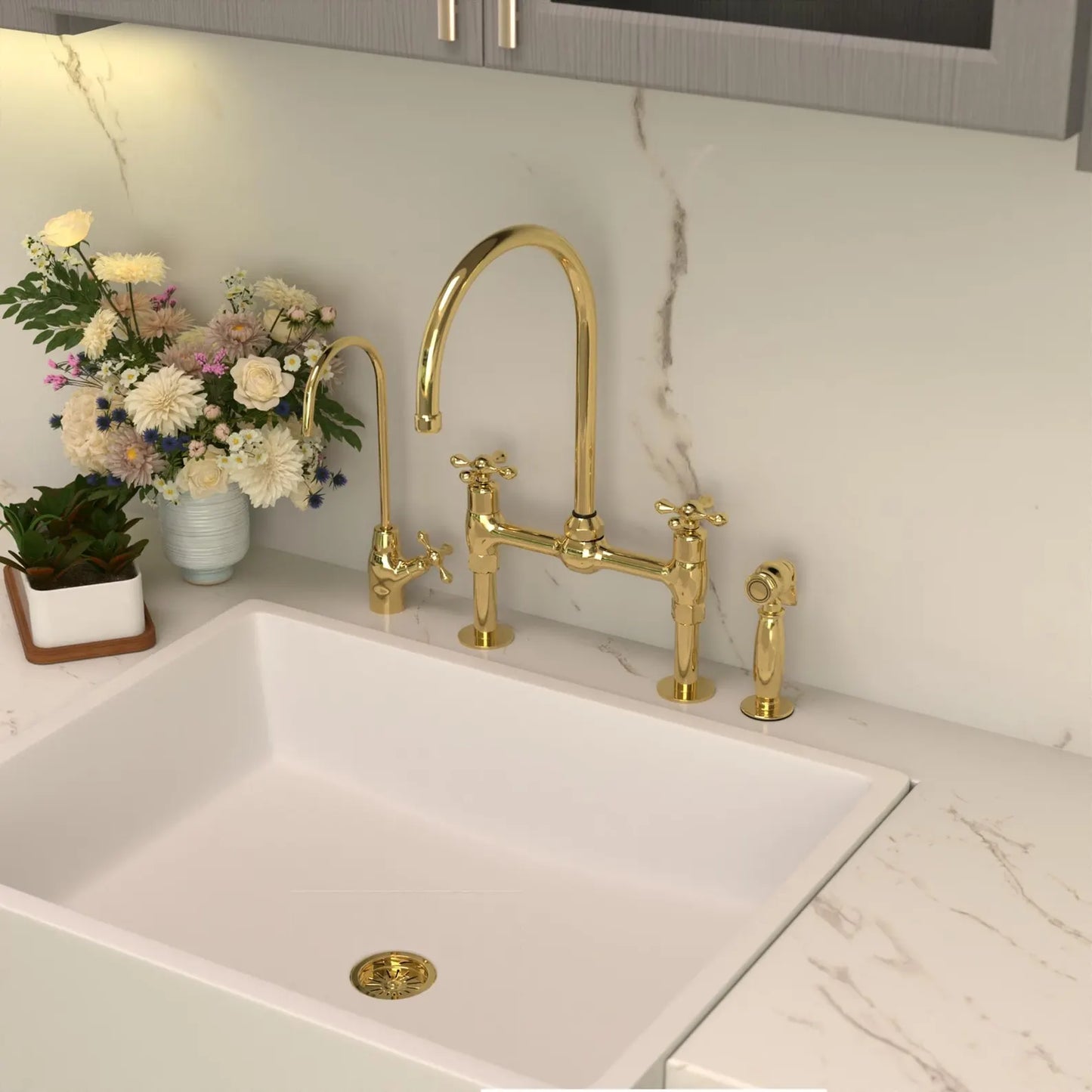 Unlacquered Brass Kitchen Faucet, Center ball Bridge Sink with Sprayer & cold water tap