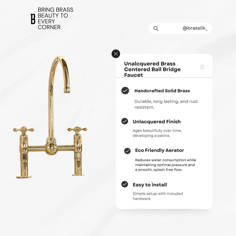 Unlacquered Brass Kitchen Faucet, Center ball Bridge Sink with Sprayer & cold water tap