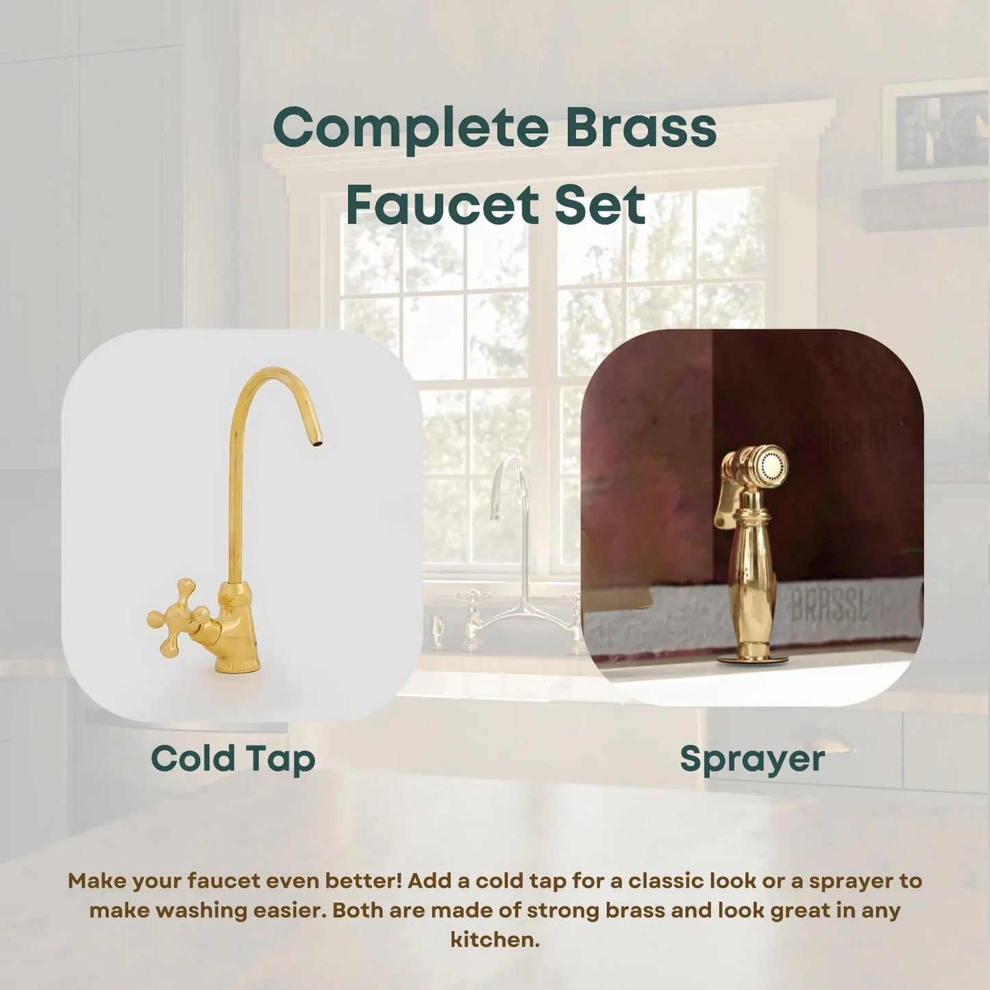 Unlacquered Brass Kitchen Faucet, Center ball Bridge Sink with Sprayer & cold water tap