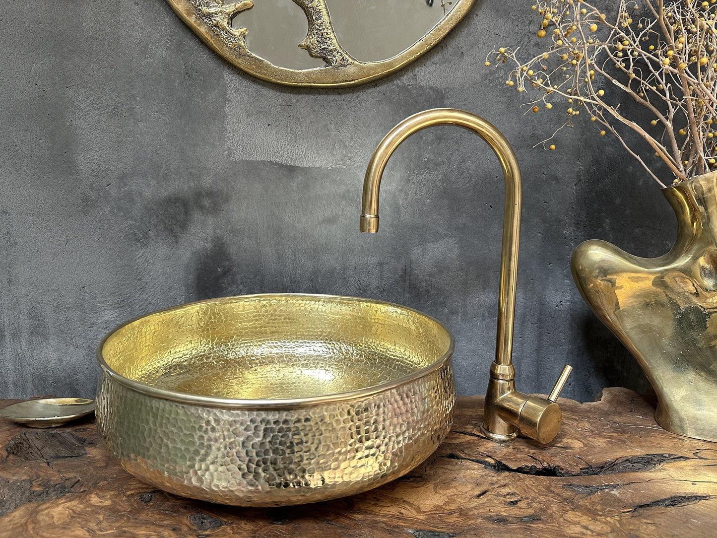 Round Hammered Brass Bathroom Sink,  Round Vessel Sink Vanity