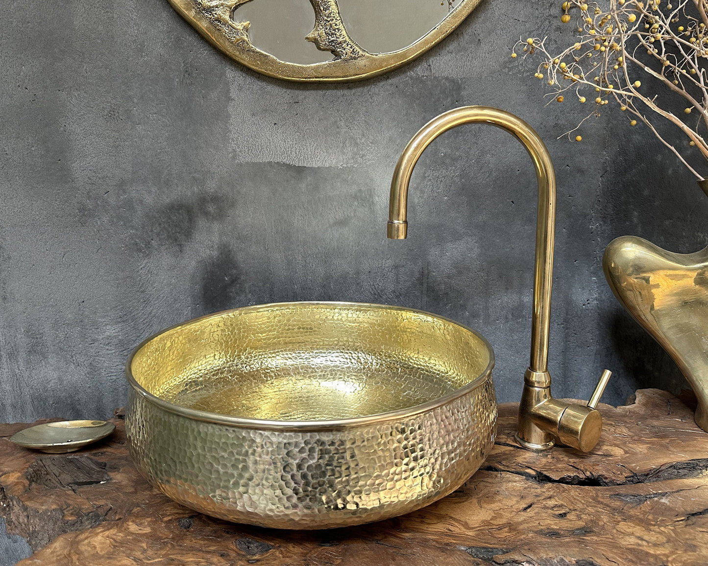 Round Hammered Brass Bathroom Sink,  Round Vessel Sink Vanity