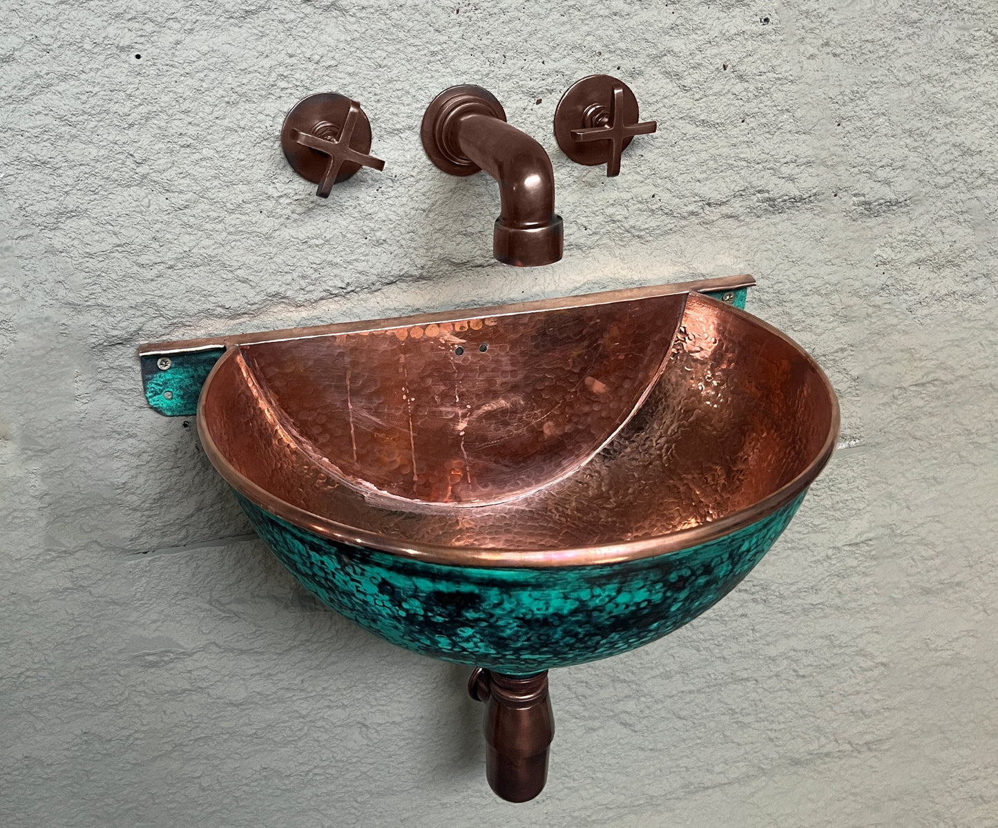 Oxidized Copper Wall Mounted Bathroom Sink, Green Patina Copper Hung Basin with Faucet