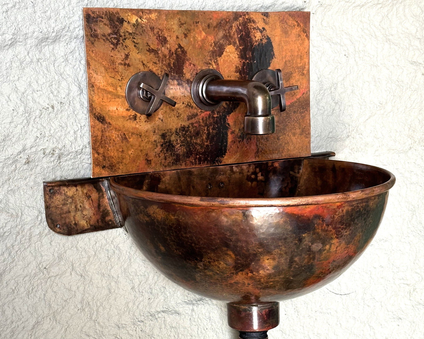Copper Wall-Mount Bathroom Sink, Rustic Copper Bathroom Basin with Mixer Faucet