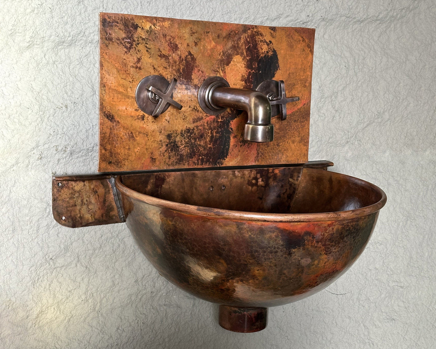 Copper Wall-Mount Bathroom Sink, Rustic Copper Bathroom Basin with Mixer Faucet