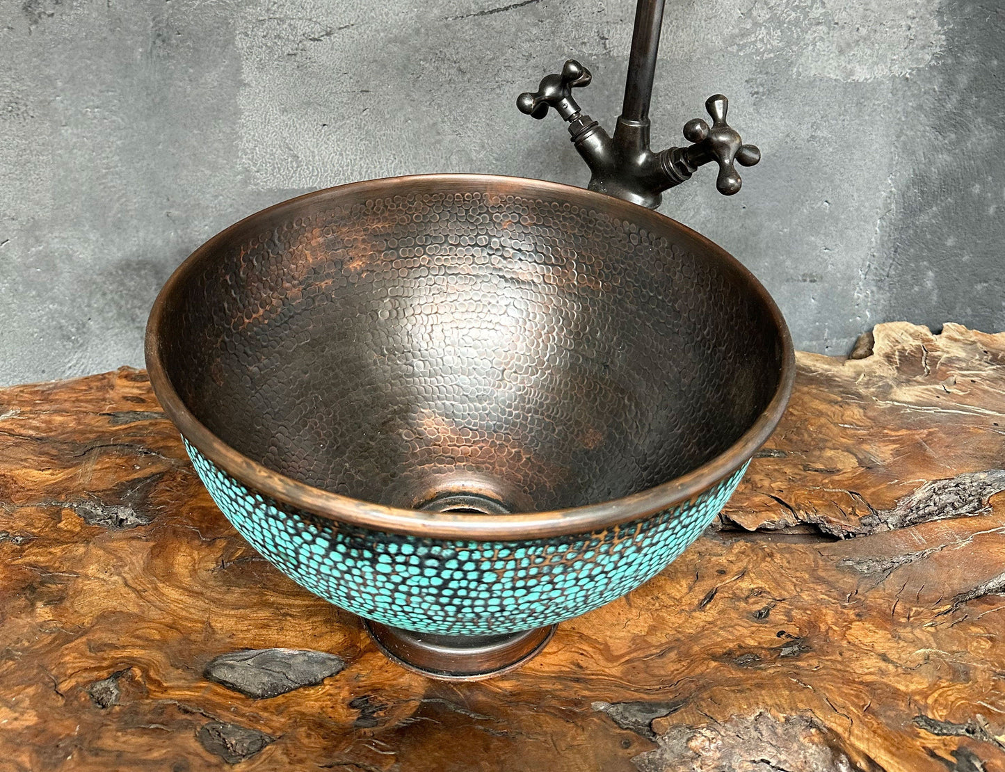 Ember Aged Copper Bathroom Sink with Green Patina Countertop Basin