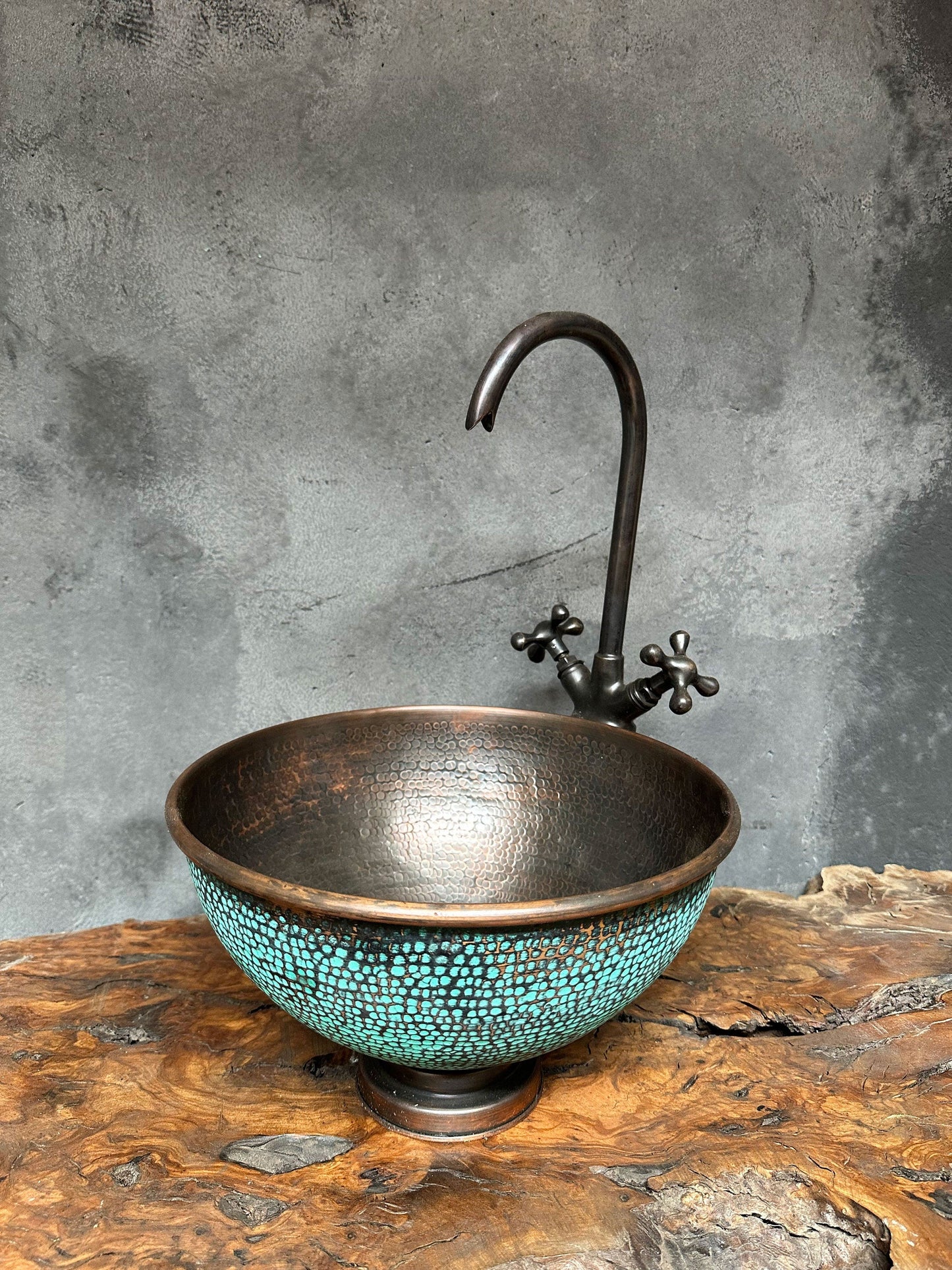 Ember Aged Copper Bathroom Sink with Green Patina Countertop Basin