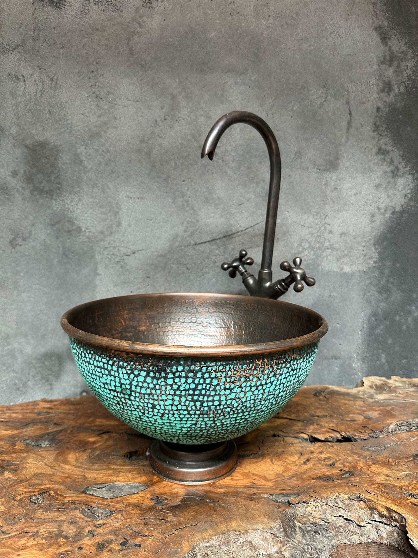 Ember Aged Copper Bathroom Sink with Green Patina Countertop Basin