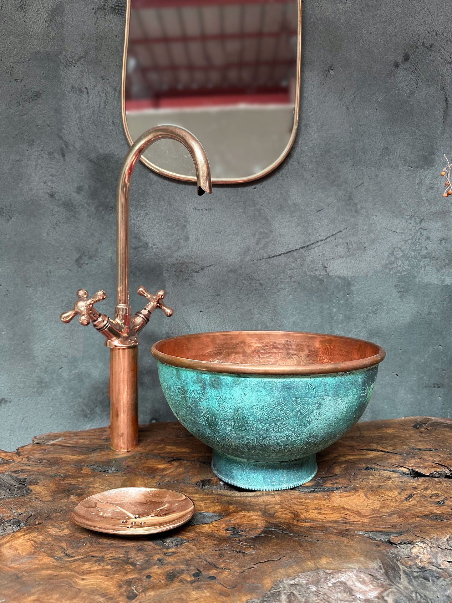 Engraved Oxidized Copper Bathroom Sink with Copper faucet, Green Patina Vessel Sink bathroom