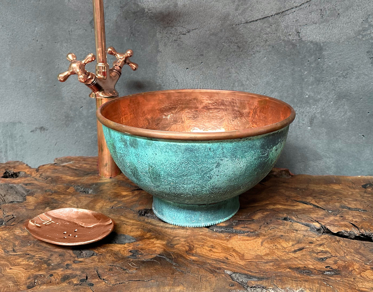 Engraved Oxidized Copper Bathroom Sink with Copper faucet, Green Patina Vessel Sink bathroom