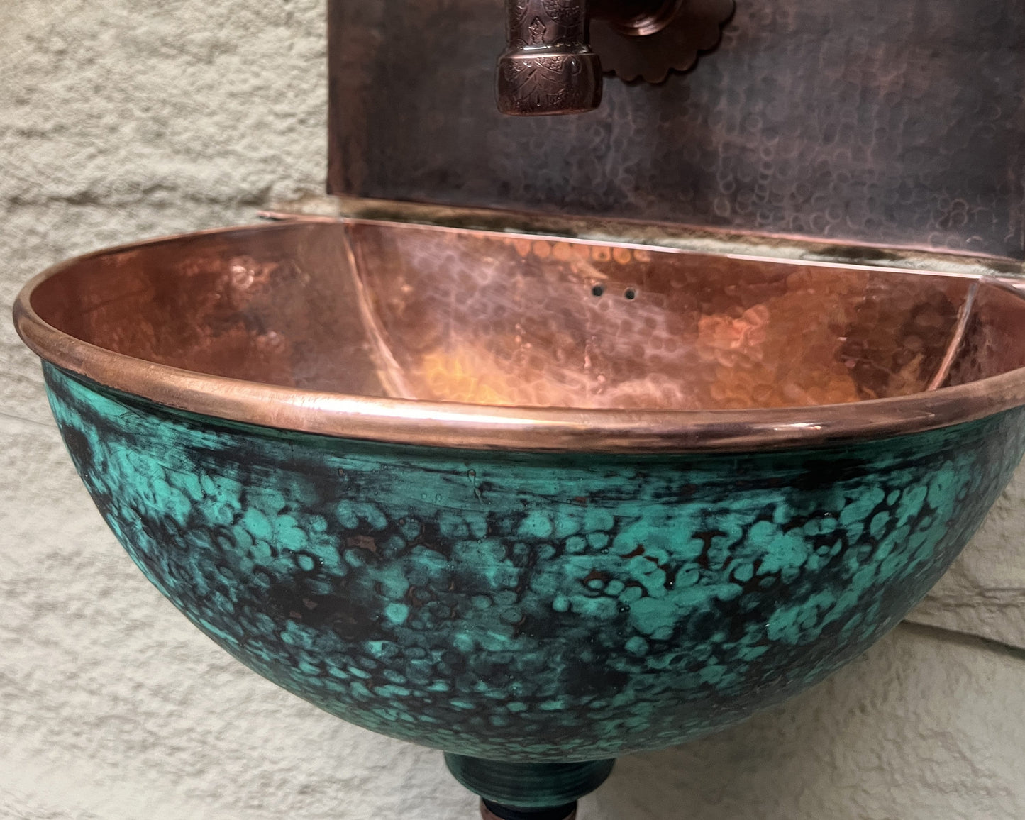 Green Patina Copper Wall Mounted Bathroom Sink, Aged Copper Hung Basin with Faucet