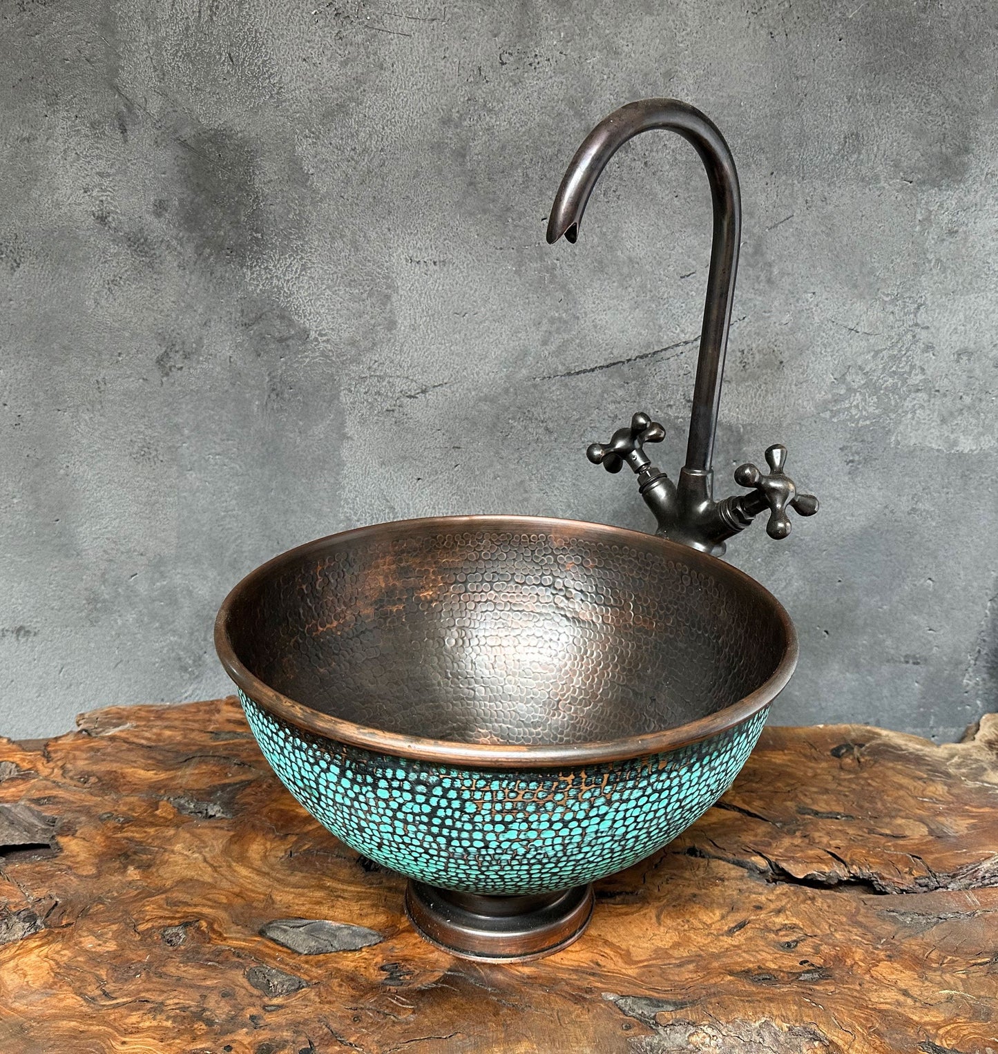 Ember Aged Copper Bathroom Sink with Green Patina Countertop Basin