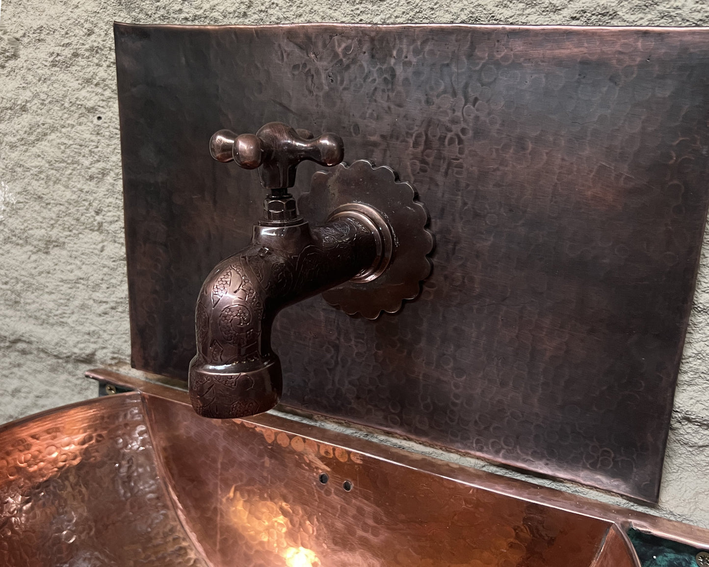 Green Patina Copper Wall Mounted Bathroom Sink, Aged Copper Hung Basin with Faucet